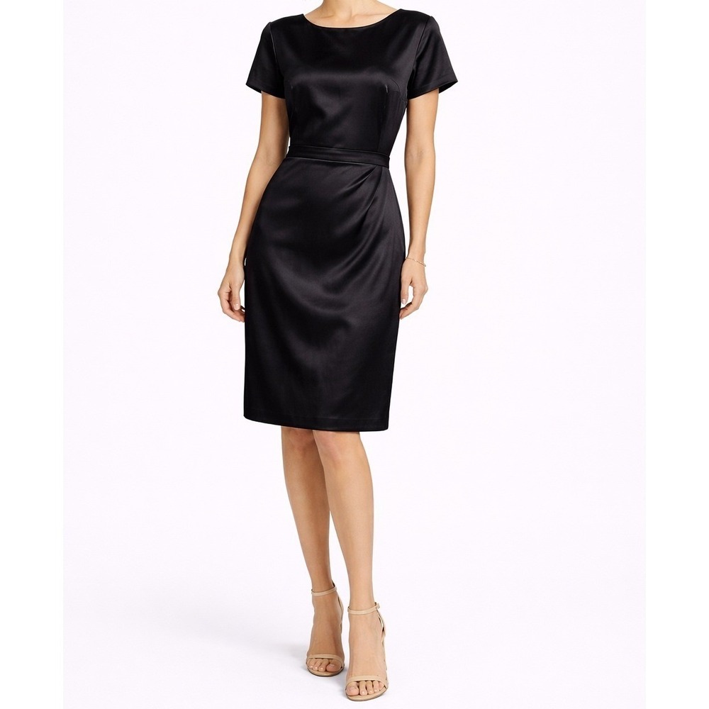 Tyler Boe Black Satin Sheath Elegant Cocktail Dress Short Sleeve Midi Size‎ 6